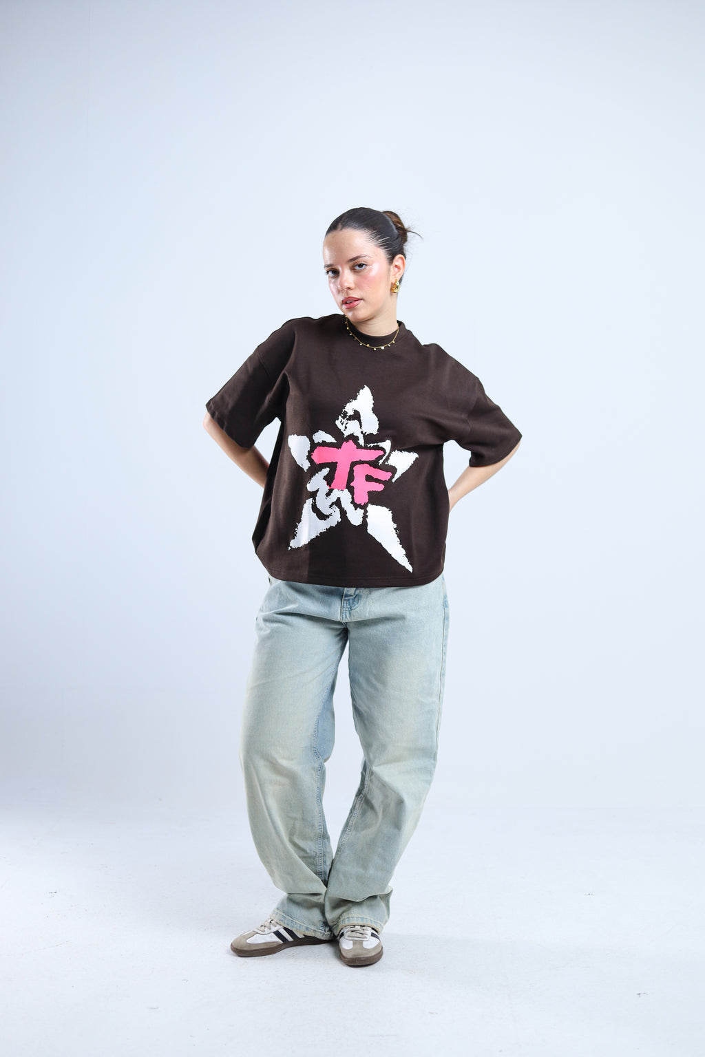TF Star Boxy Tee - White / Brown